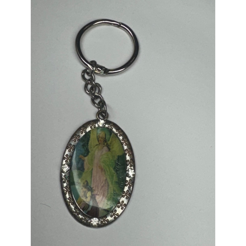 Christian Brands Guardian Angel Rhinestone Oval Keychain Silver Tone Religious